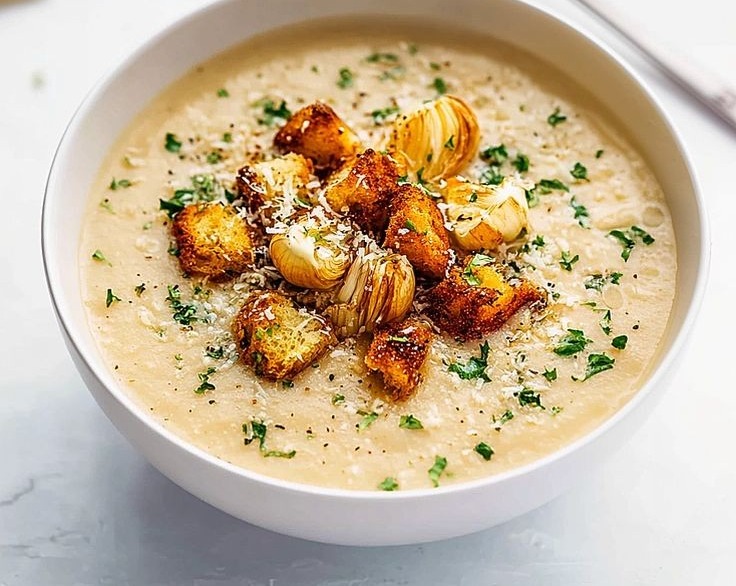 Easy Creamy Homemade Roasted Garlic Soup Recipe serving