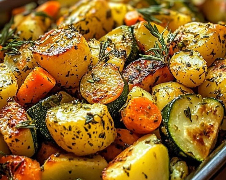 Farmhouse Garlic Herb Roasted Potatoes Carrots Zucchini Vegetable Dish overview