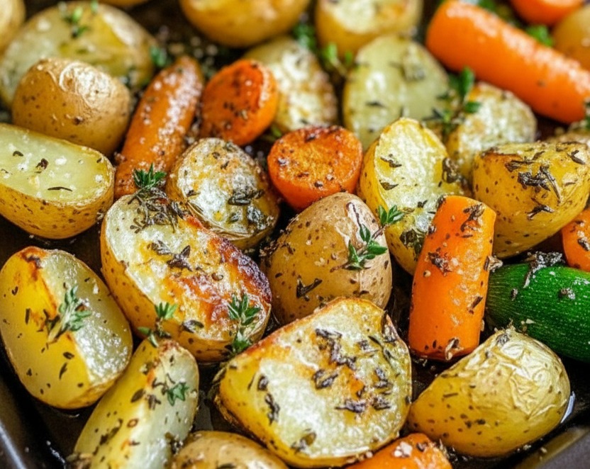Farmhouse Garlic Herb Roasted Potatoes Carrots Zucchini Vegetable Dish serving