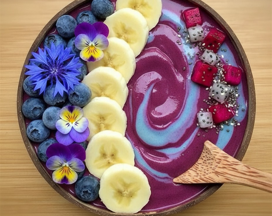 Cool Blue Aesthetic Açai Bowl: High Protein Breakfast for a Healthy Morning serving