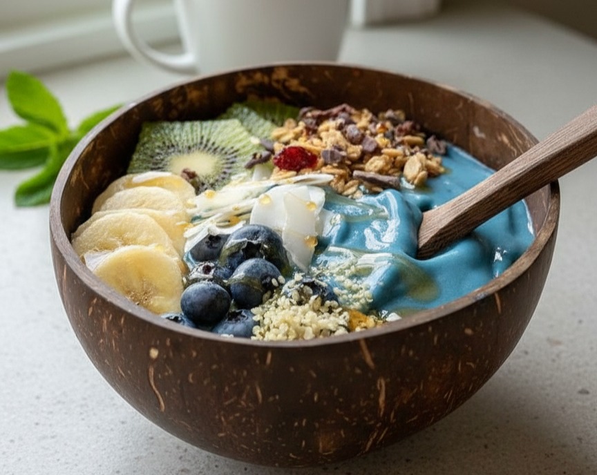 Cool Blue Smoothie Bowl Aesthetic High Protein Healthy Viral Breakfast serving