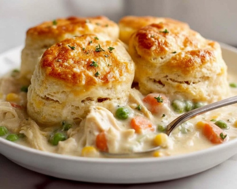 Easy Chicken Pot Pie with Biscuits Homestyle Dinner Ideas serving