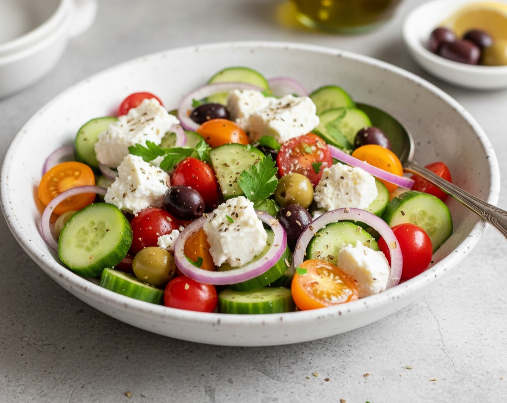 Farm Fresh Healthy Cucumber Tomato Onion Salad with Herbs serving