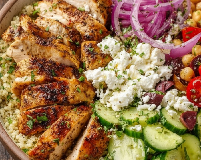 Whole Healthy Mediterranean Chicken Bowl: Light Savory Dinner Idea serving